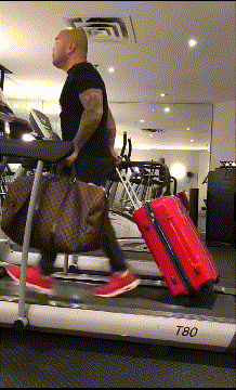 a man pretending to be late on treadmill
